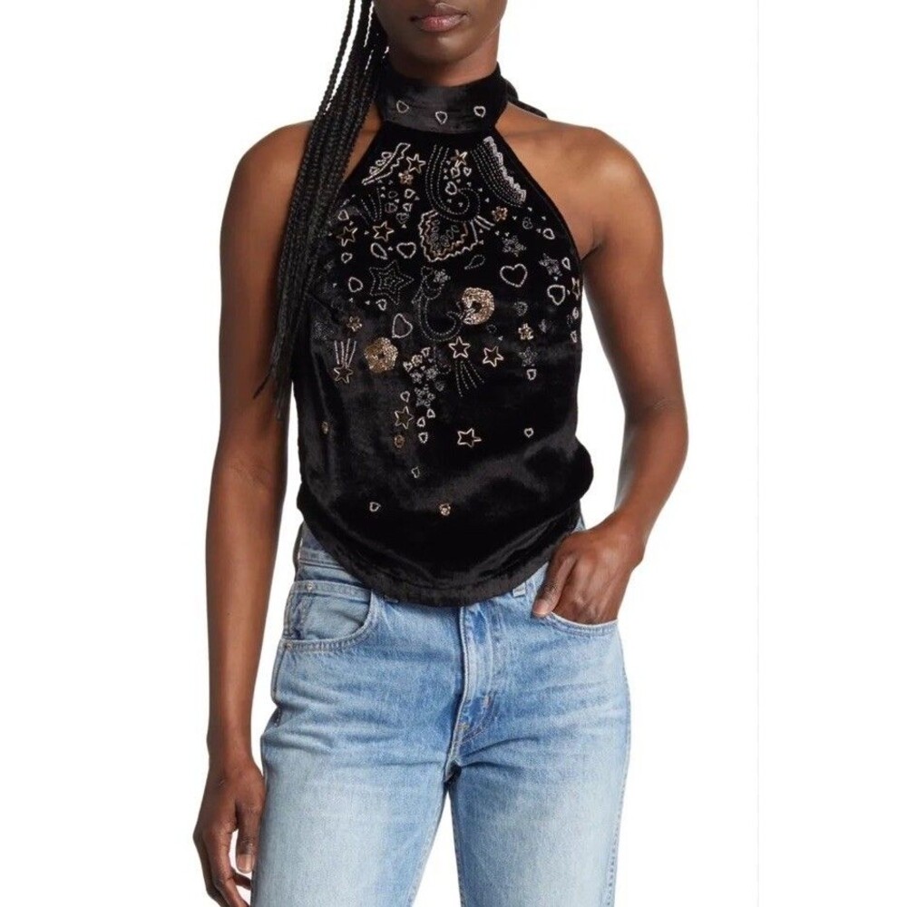 Brand new free people sleeveless velvet black top size L retail $148